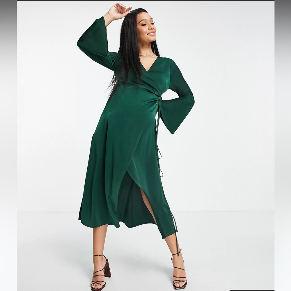 ASOS DESIGN maternity satin wrap midi dress with flared cuff and tie detail